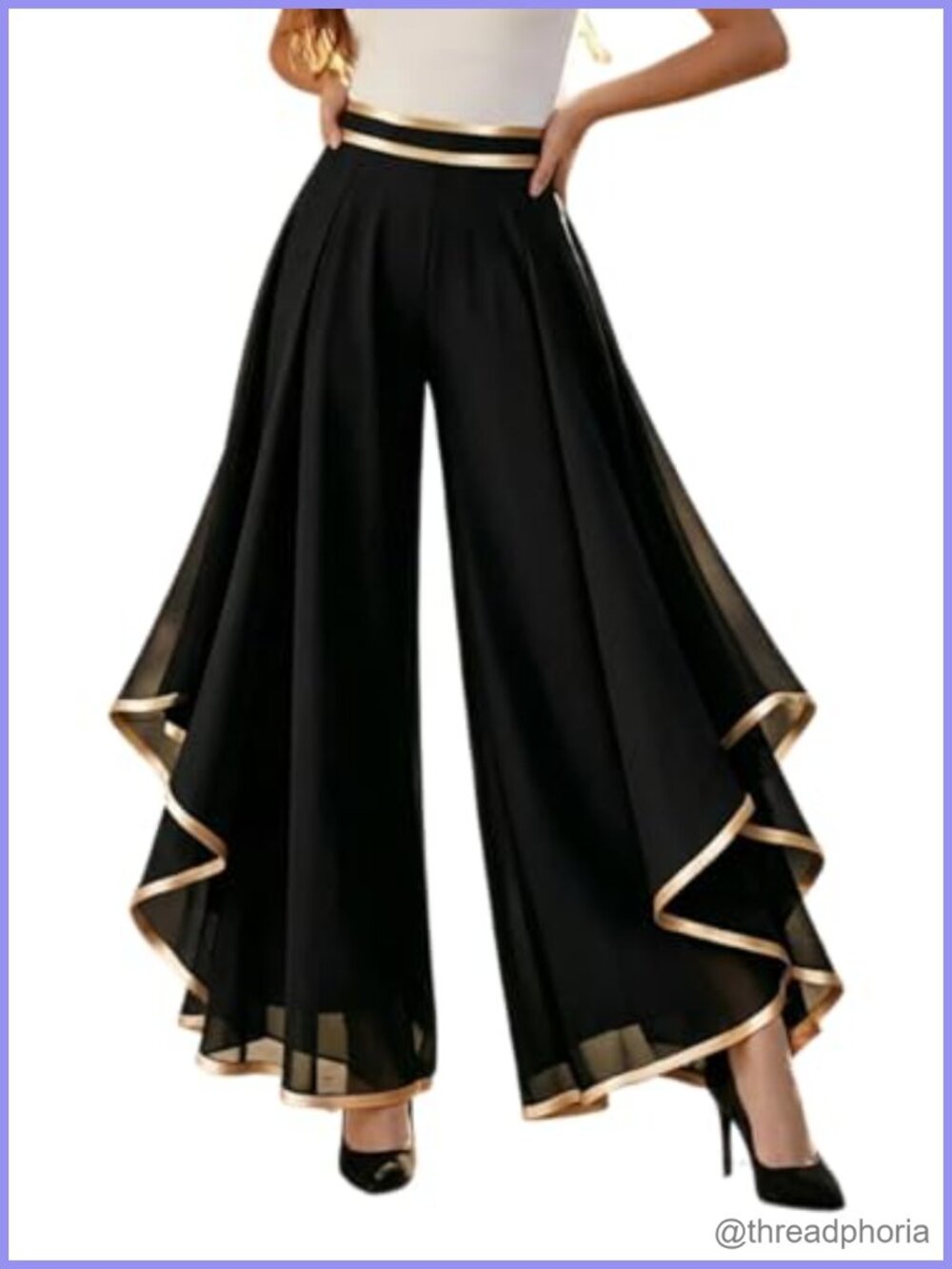 Womens Ruffle Chiffon Dress Pants Gold Trim High Waist Wide Leg Trousers